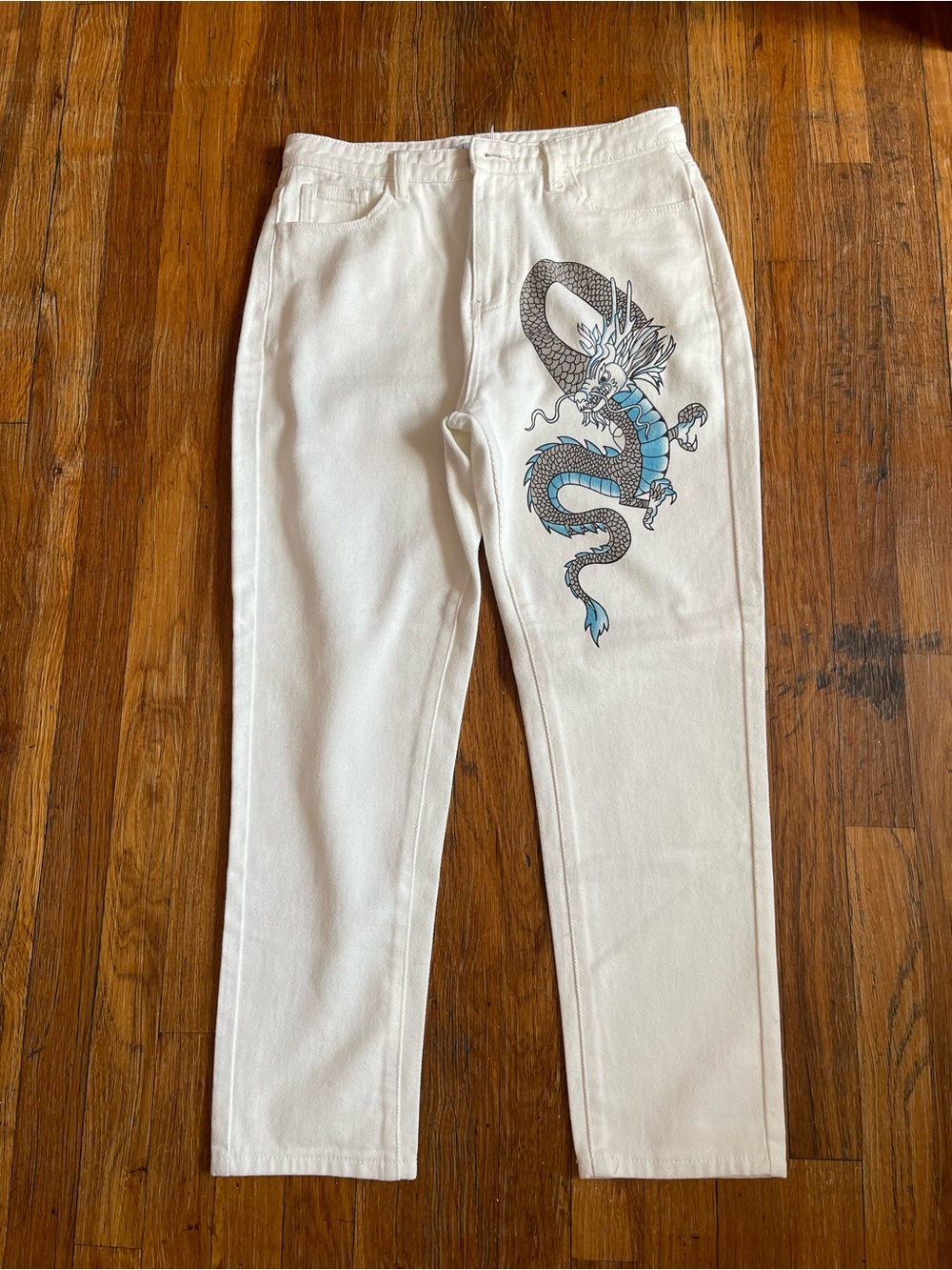Adika Cream Jeans with Blue Dragon Graphic